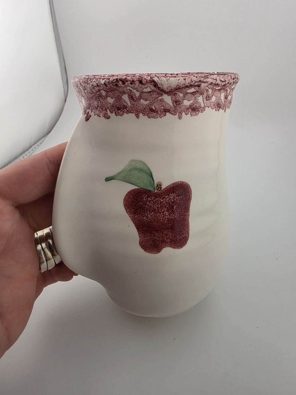 Neher Pottery Clay in Motion Hand Warmer Mug Apple Cream Red Signed